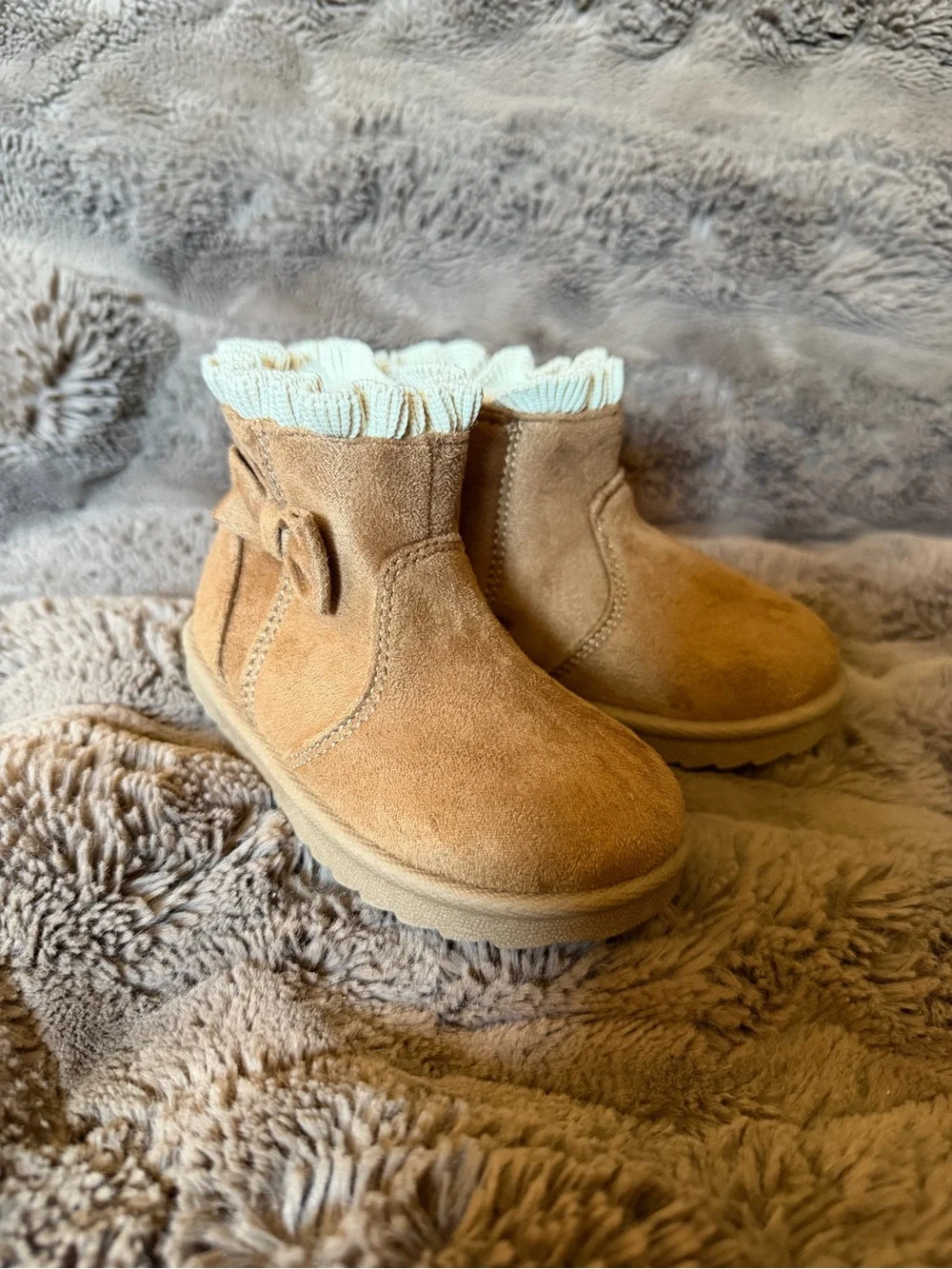 Kids Suede Bow Booties in Tan size 5 (toddler)